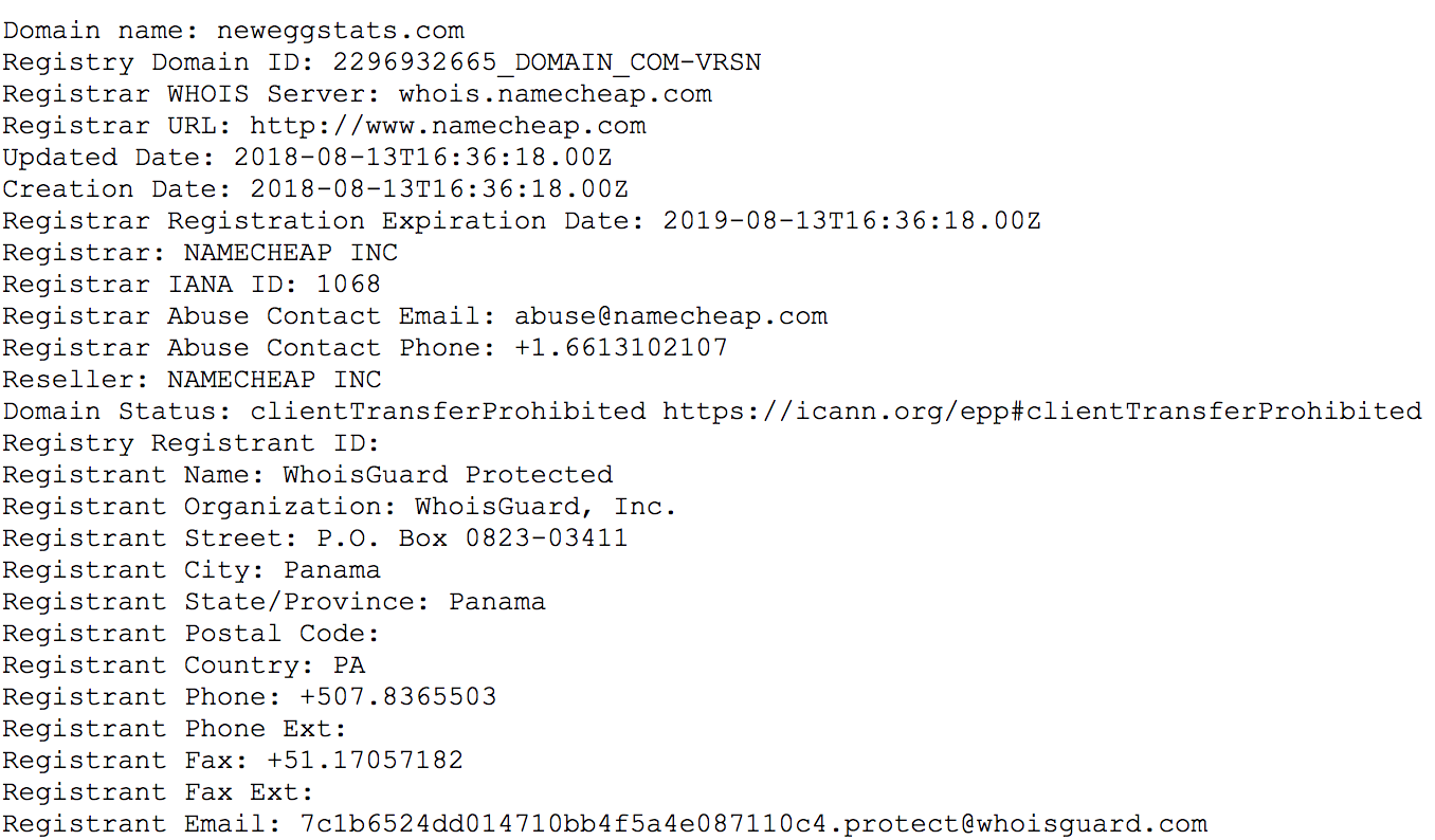 WHOIS information for the malicious domain neweggstats.com.